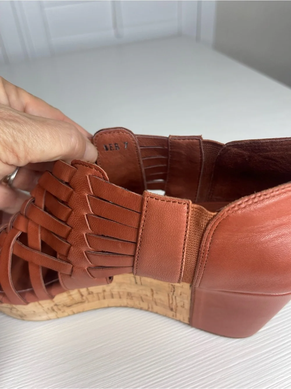 Chocolat Blu Woven Leather Cork Wedge Sandals - Cognac